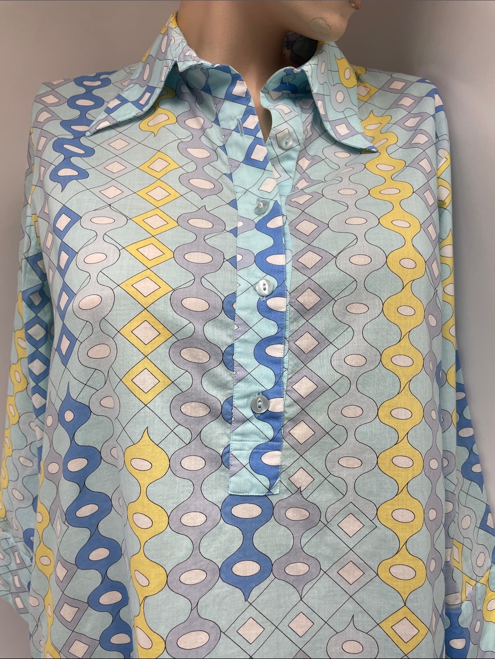 Averardo Bessi Light Blue Geometric Maxi Dress, Collared Long Sleeve, Size 14 - Picture 6 of 11